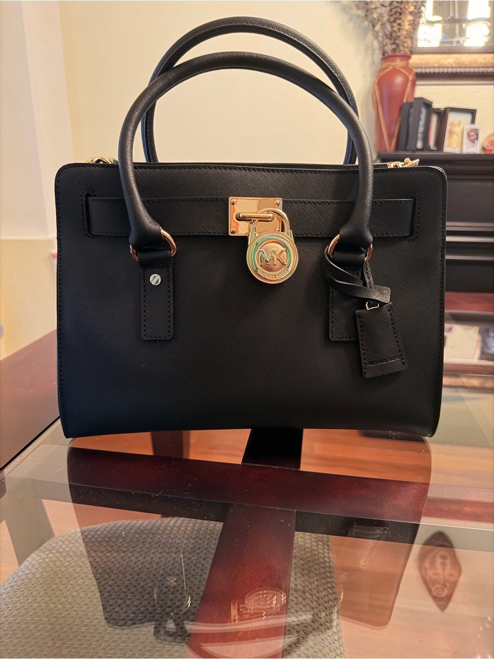 Michael Kors Black Saffiano Satchel with Gold Tone MK Lock